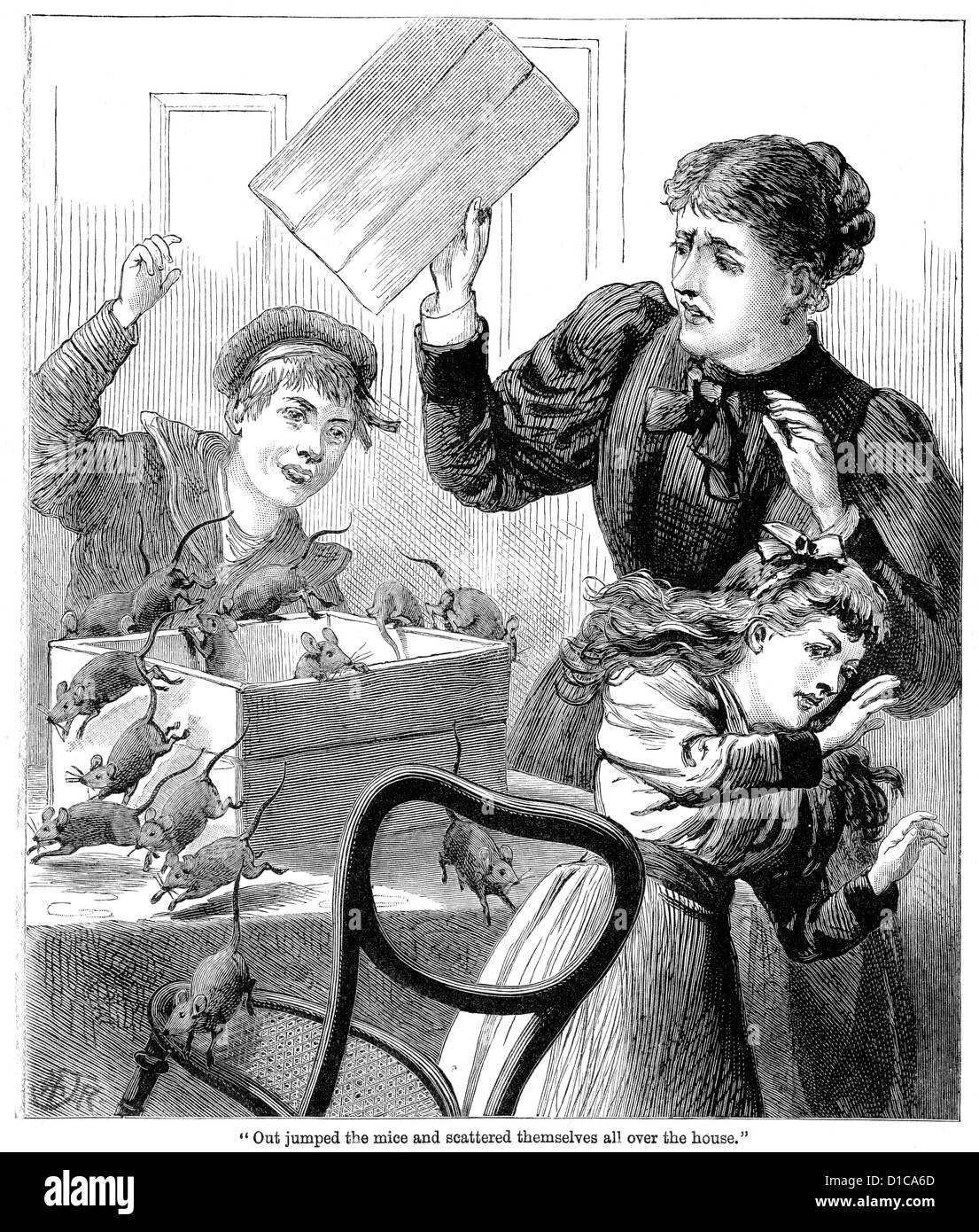 Victorian engraving of a boy scaring his mother and sister with a box full of mice, 1897 Stock Photo