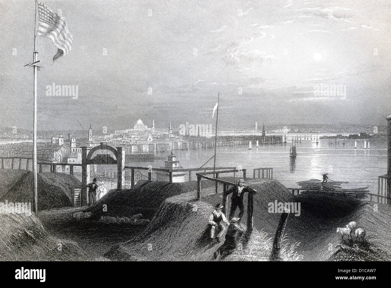 This 1856 illustration shows Boston, Massachusetts, at the time as it looked from Dorchester Heights. Stock Photo