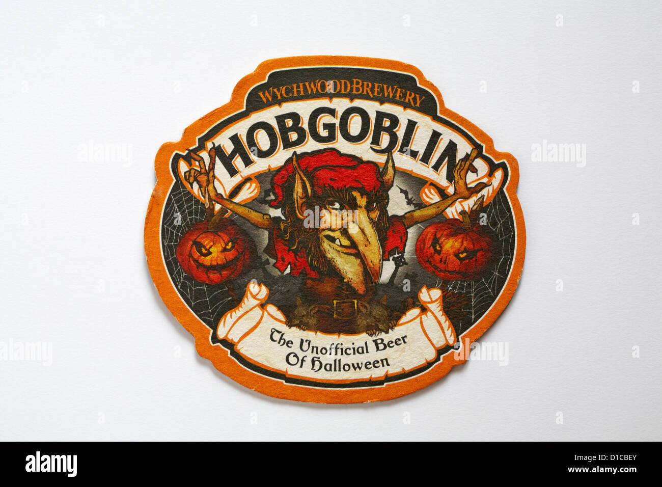 Beer mat Wychwood Brewery Hobgoblin The Unofficial Beer of Halloween isolated on white background Stock Photo