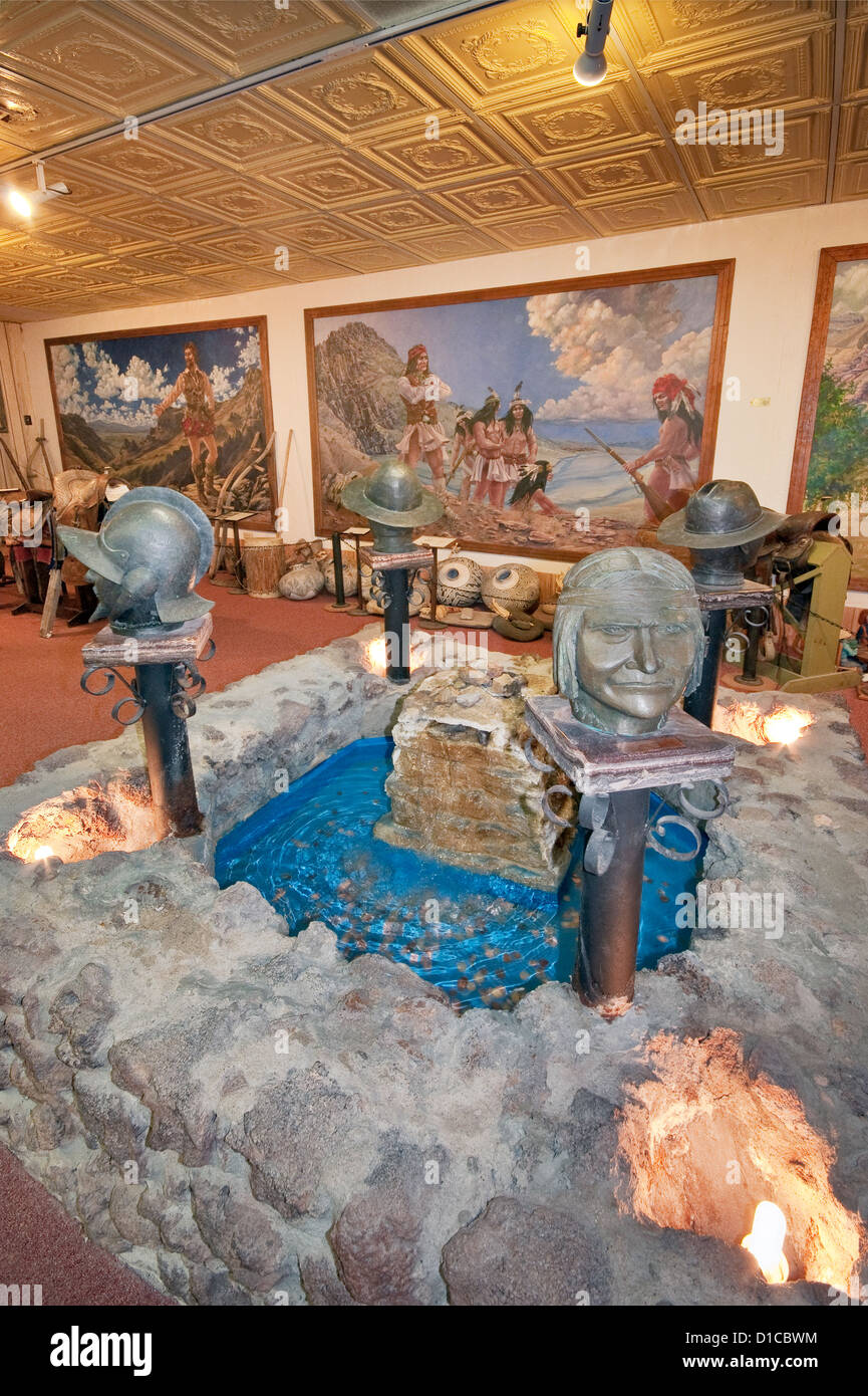 Sculptures with Geronimo in front, murals, Geronimo Springs Museum in