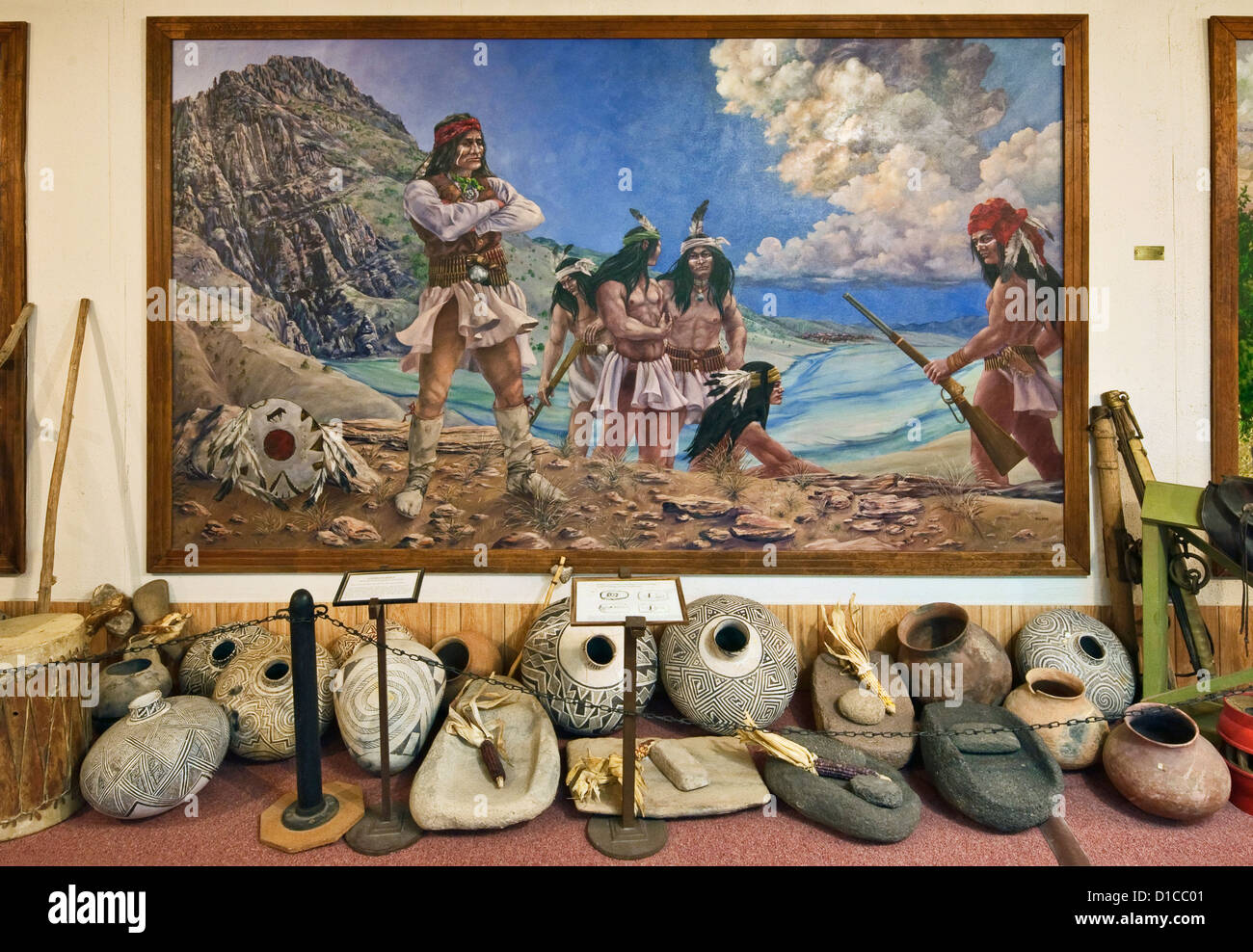 Geronimo mural by Delmas Howe, Mimbres pottery, Geronimo Springs Museum