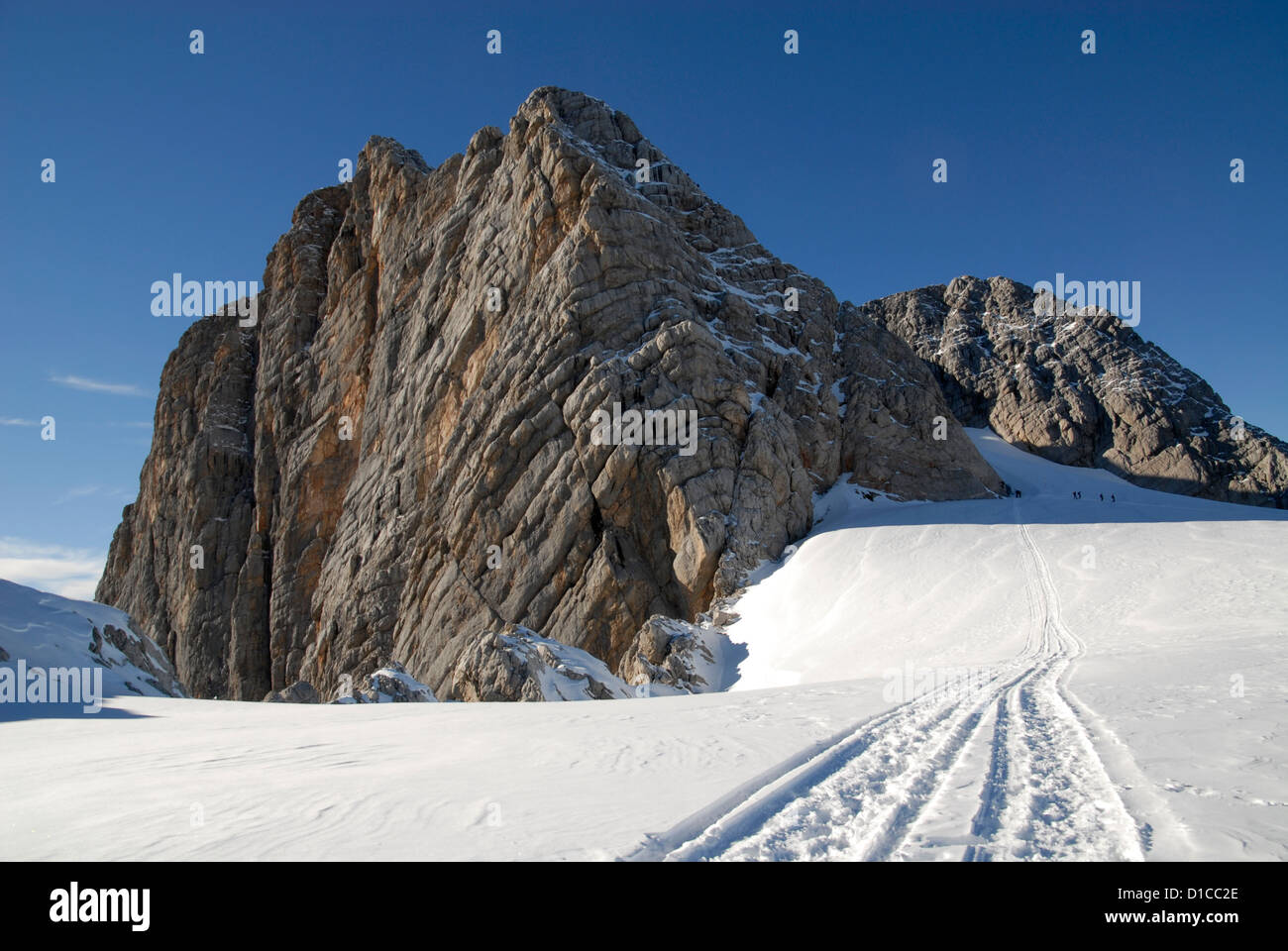 Traces of snow mobiles, Dachstein, Alps, Austria Stock Photo
