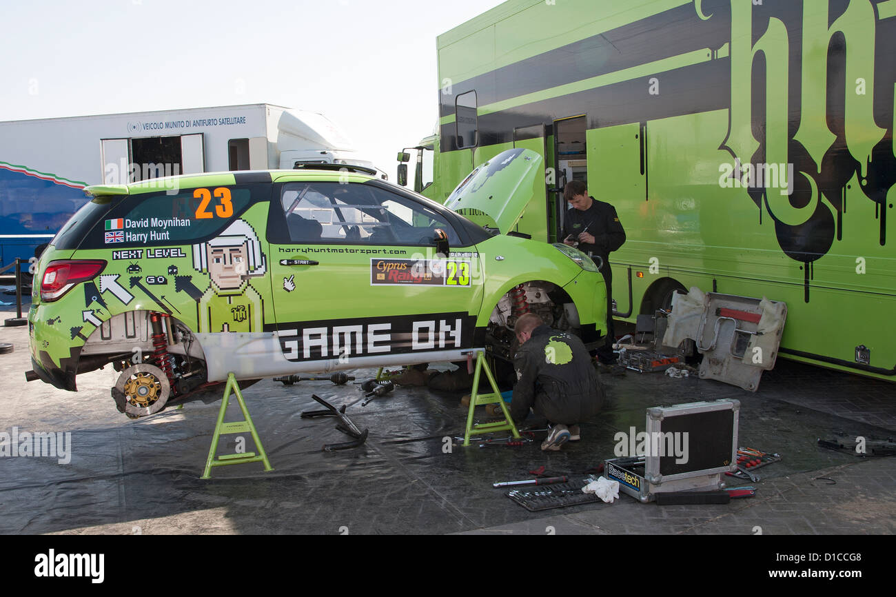 Cyprus Rally 2012 Mechanics make ready Harry Hunt's Citreon DS3 R3 car in Paphos Cyprus Stock Photo