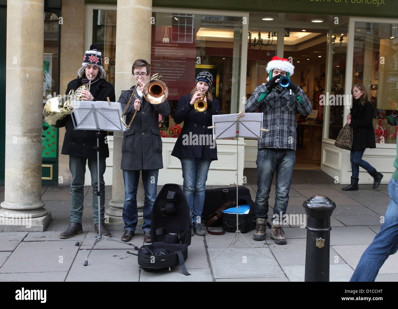 Carol playing brass band of student in Bath during the Christmas Market