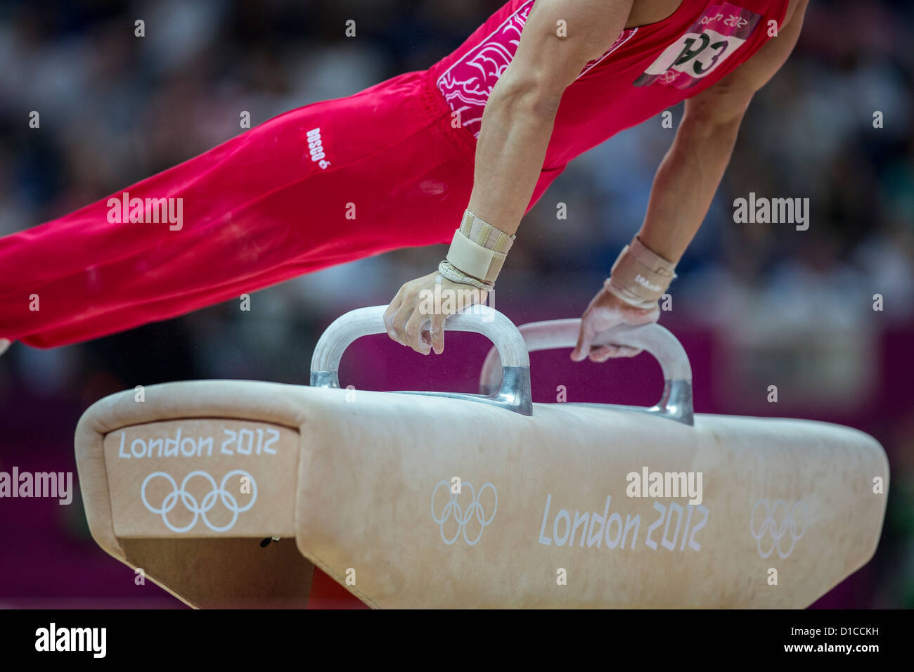 Detail of male gymnast's hands on the pommel horse during the Men's
