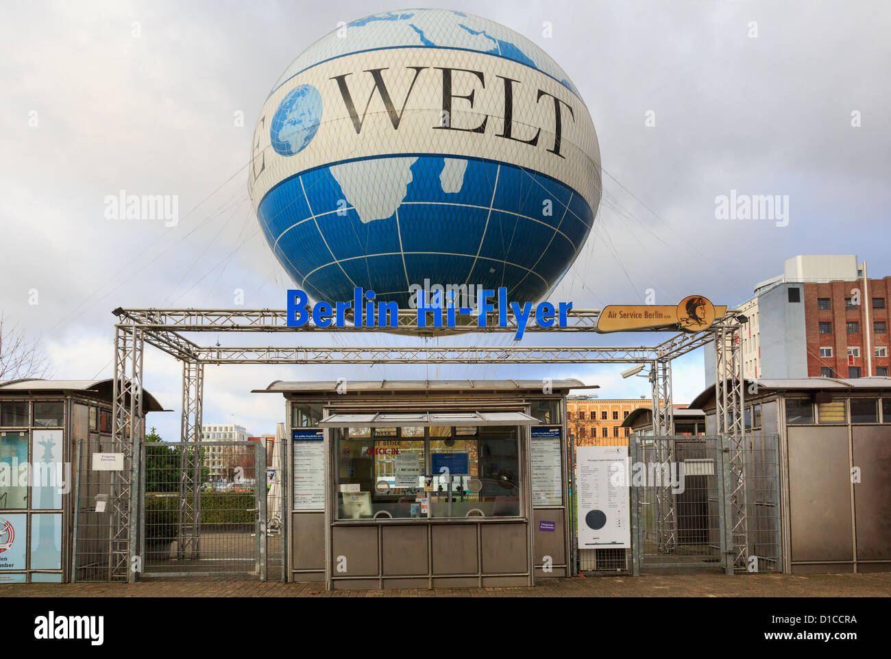 Hi Flyer or Die Welt inflated balloon tourist attraction is largest captive helium balloon in the world. Zimmer, Berlin, Germany Stock Photo