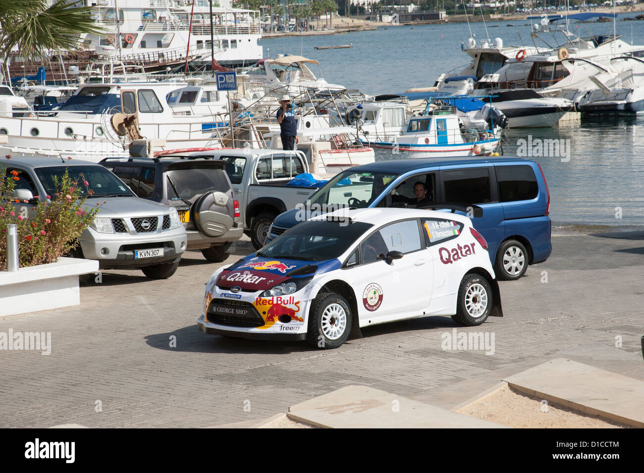 Winner of the Cyprus Rally 2012 Nassar Al Attiyah in his Ford Fiesta RRC on the harbour at Paphos Cyprus Stock Photo