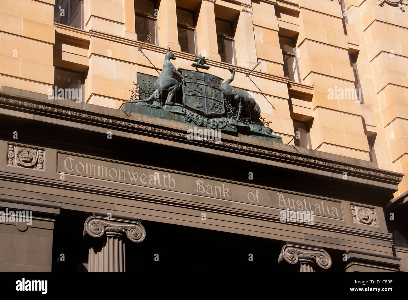 Commonwealth Bank of Australia building exterior, sign and coat of arms Martin Place CBD Sydney NSW Australia Stock Photo