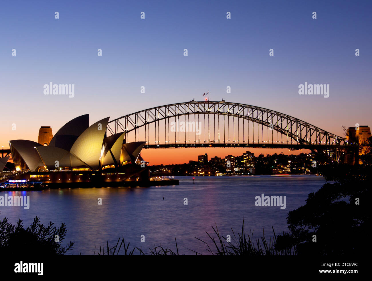 Sydney Opera House and Harbour Bridge at twilight with red sunset sky ...