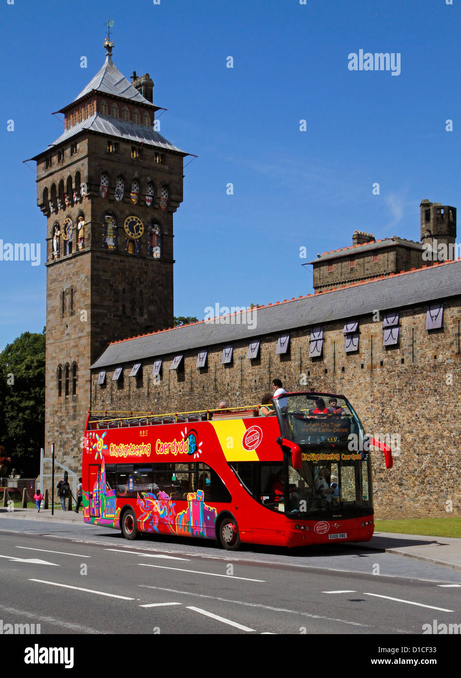 Tourist sightseeing bus outside Cardiff Castle, Cardiff, Wales, UK Stock Photo