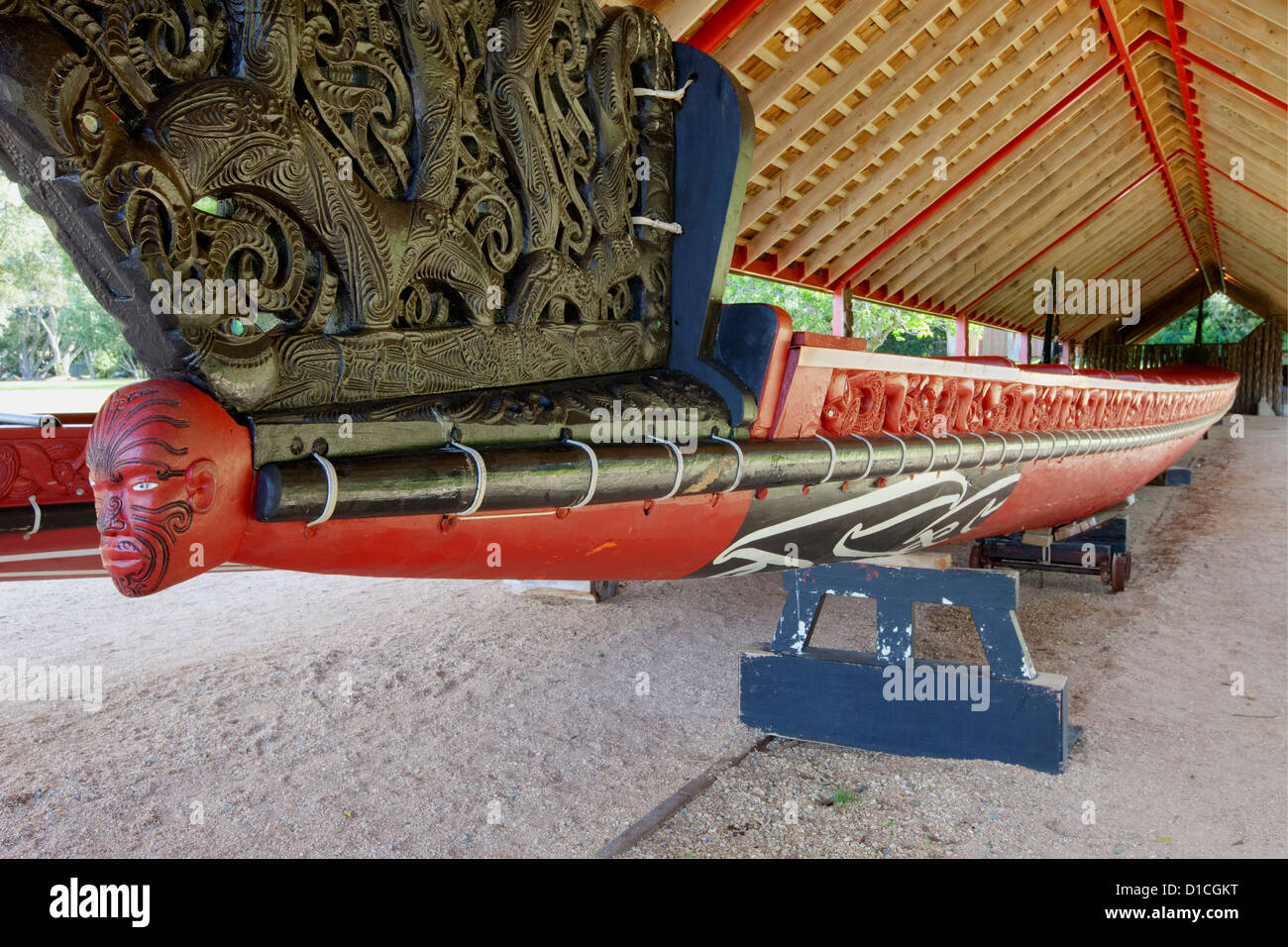 Maori War Canoe built in 1940 by the Maori Nga Puhi people to celebrate the centenary of the signing of the Treaty of Waitangi. Stock Photo