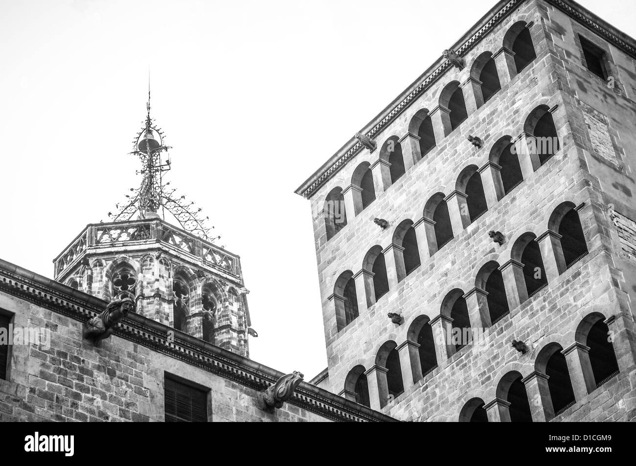 Upper exterior of the dramatically gloomy Barcelona History Museum which is built atop part of an excavated Roman city. B&W. Stock Photo