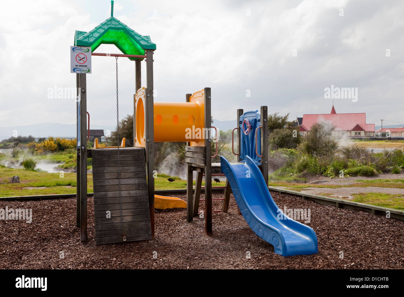 Steam Rises behind Playground Equipment, Ohinemutu Village, Rotorua