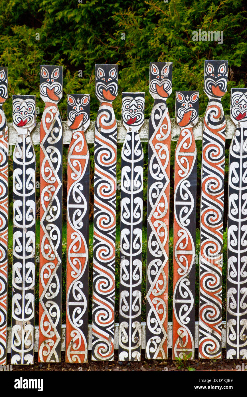Maori Picket Fence, Government Gardens, Rotorua, north island, New Zealand. Stock Photo