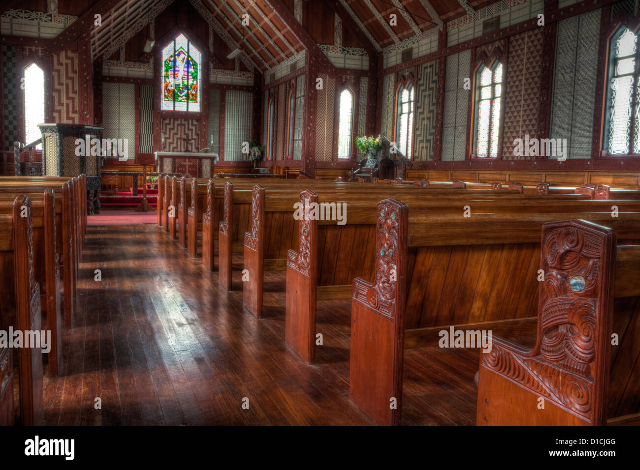 Cultural Syncretism. St. Mary's Anglican Church, Tikitiki, north island, New Zealand, incorporates Maori motifs in interior. Stock Photo