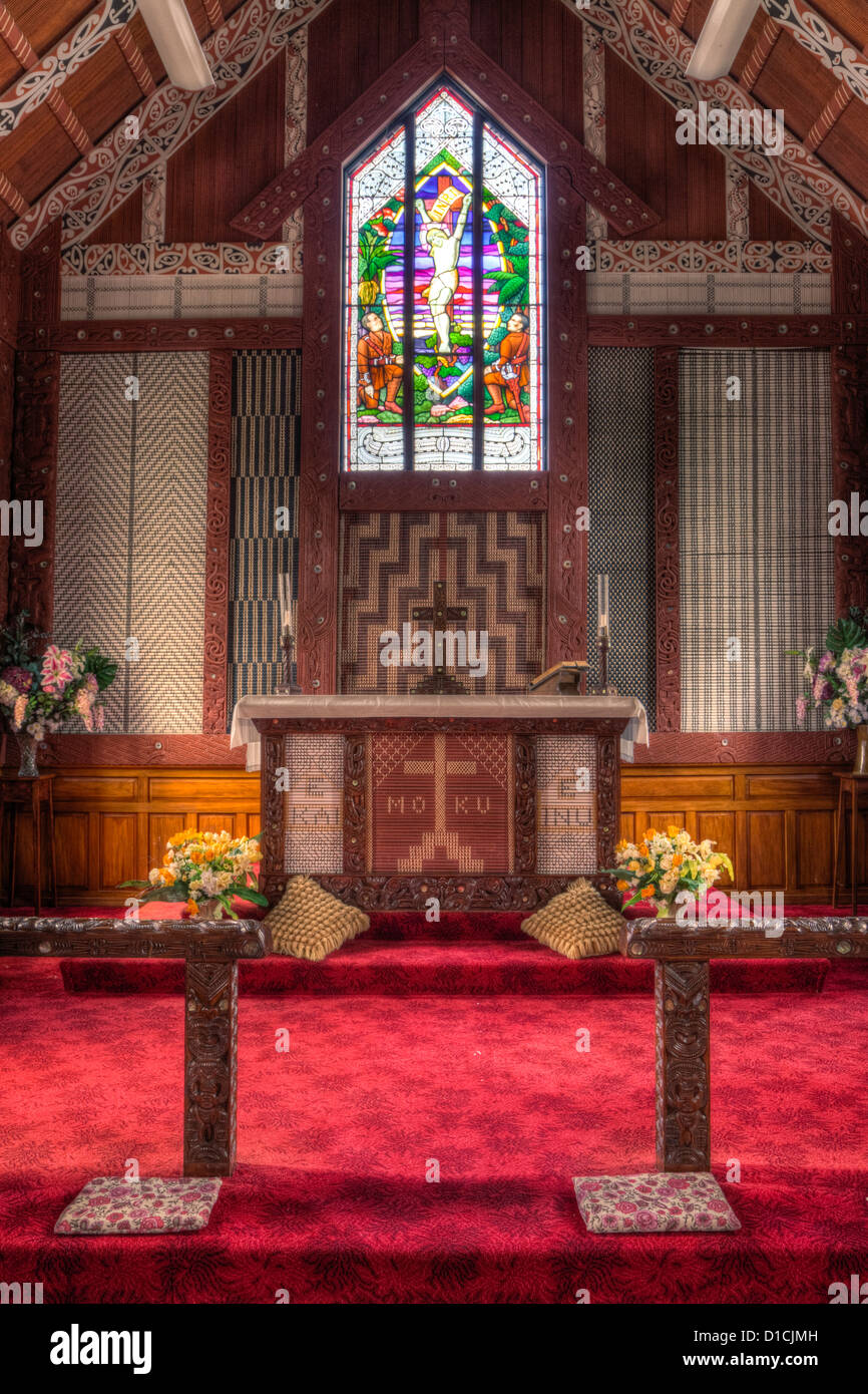 Cultural Syncretism. Maori-Christian Influence in Altar of St. Mary's Anglican Church, Tikitiki, north island, New Zealand. Stock Photo