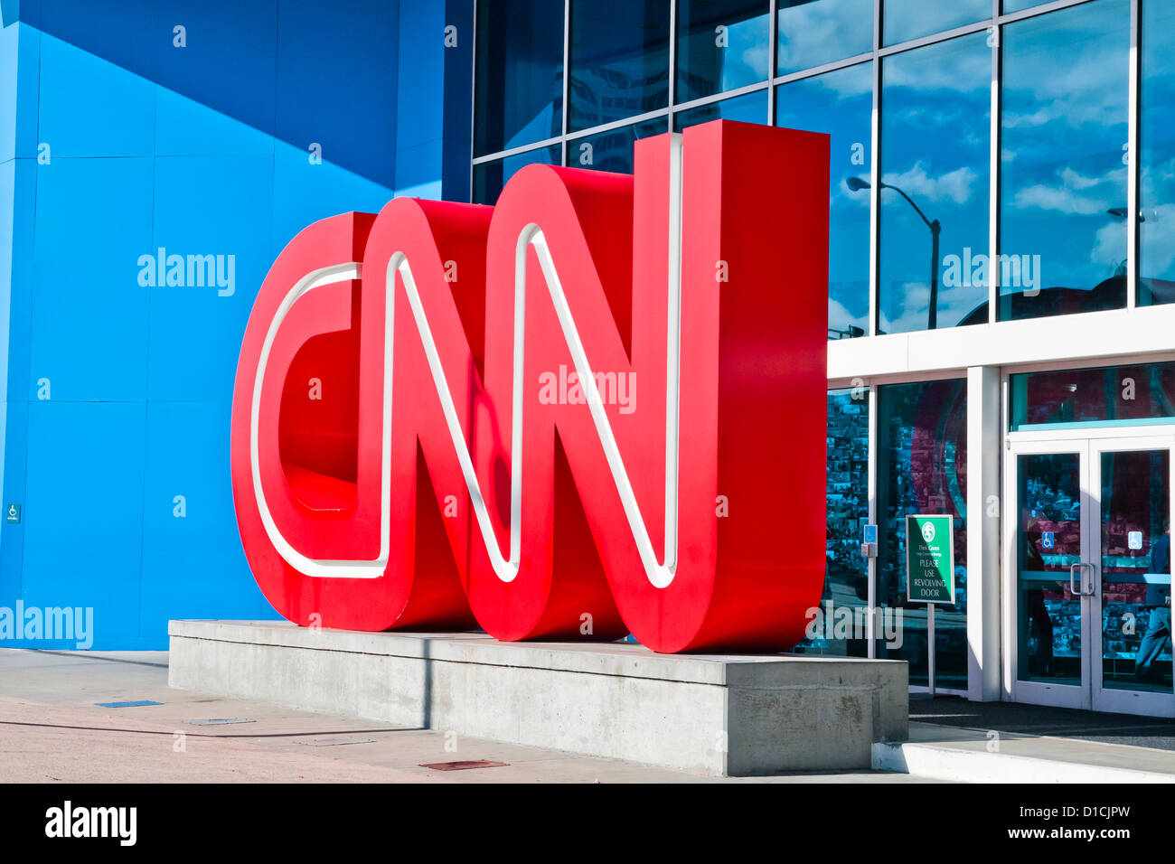 Red sign-brand name of CNN studio near entrance ,Atlanta, Geogia, USA Stock Photo