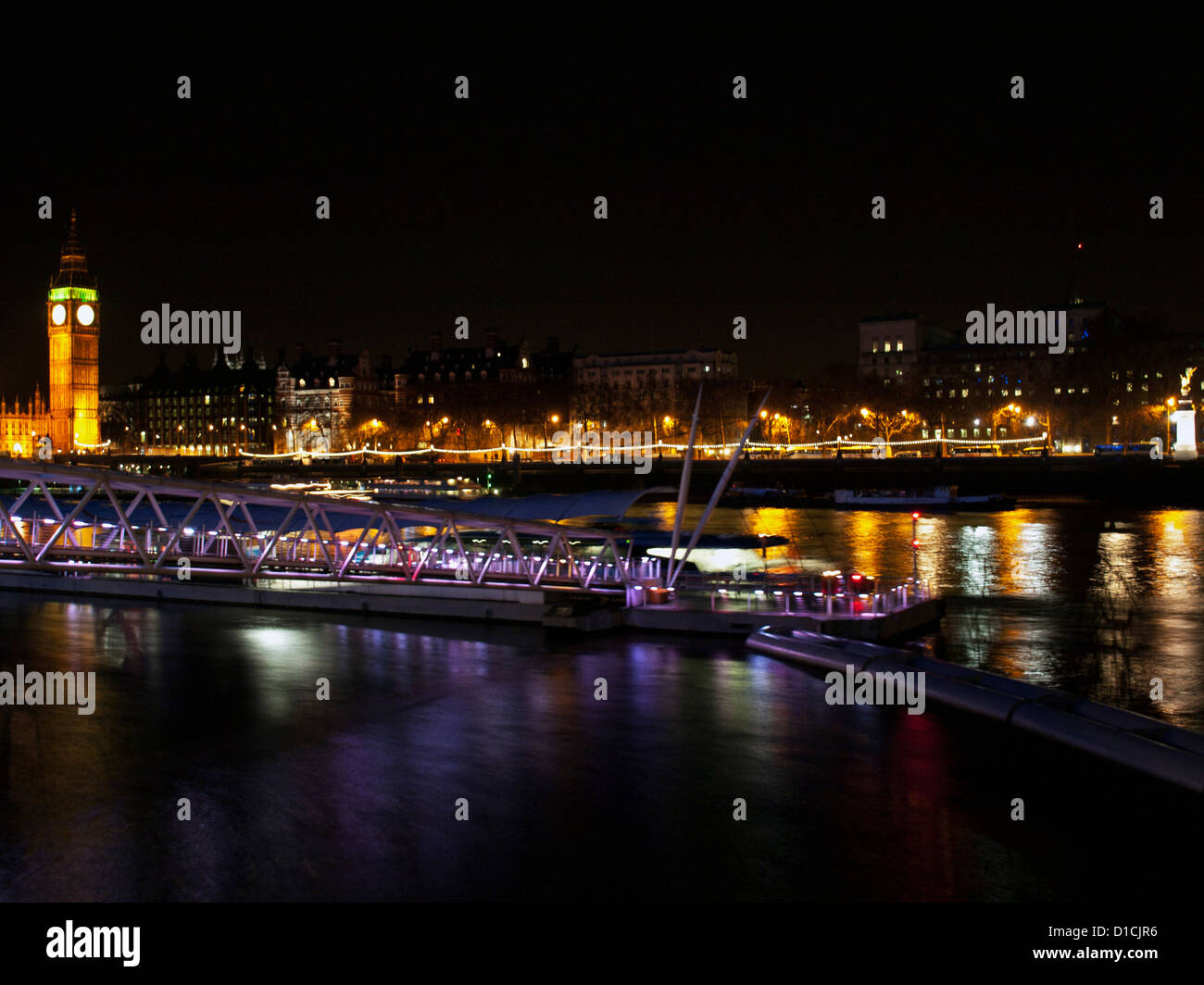 View of River Thames, Embankment, Big Ben clock tower, UNESCO World Heritage Site, City of Westminster, London, England, UK Stock Photo