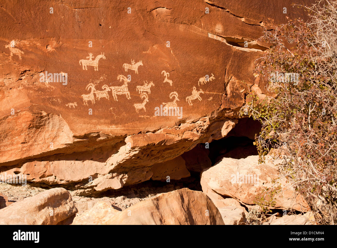 Ute indian Petroglyphs at Arches National Park just outside of Moab, Utah, United States of America, USA Stock Photo