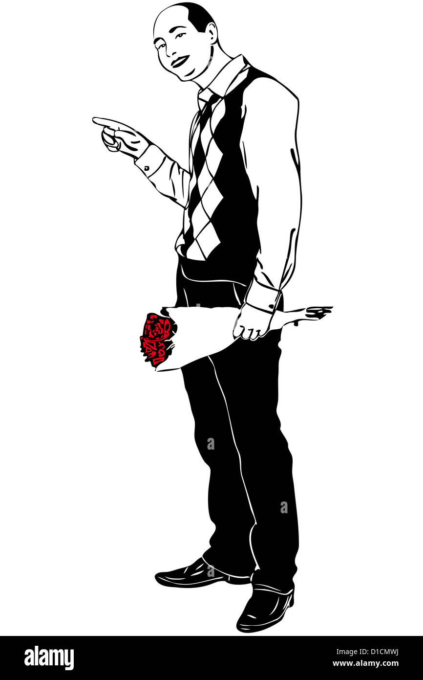 a sketch of a man with a bouquet of red roses Stock Photo - Alamy