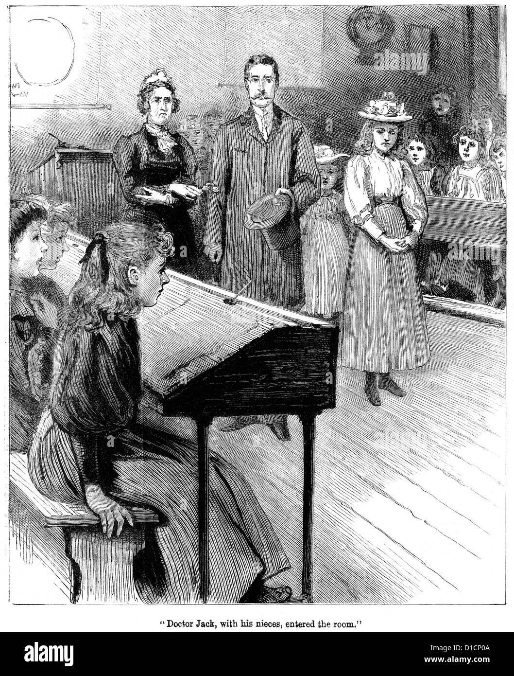 Victorian engraving of two new grils being introduced to a school class, 1897 Stock Photo