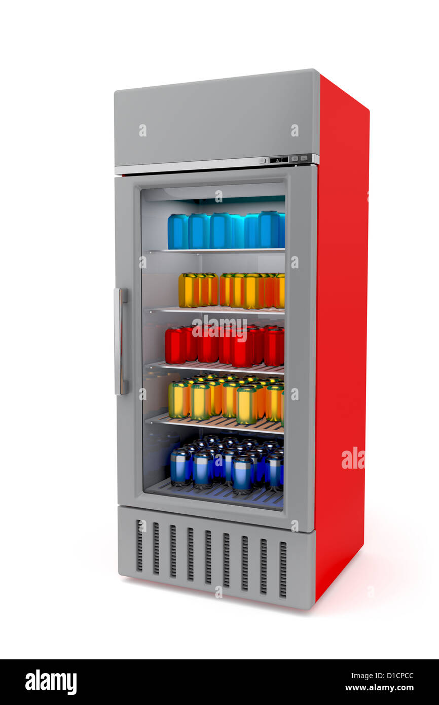 Upright market fridge full with cans Stock Photo Alamy