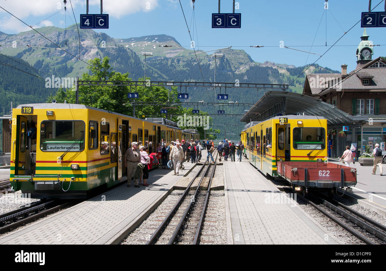 Trains at Wengen Station Switzerland Stock Photo