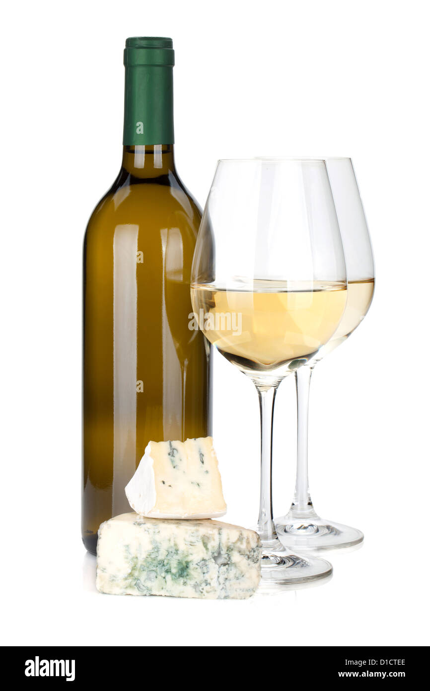 White wine and cheese. Isolated on white background Stock Photo