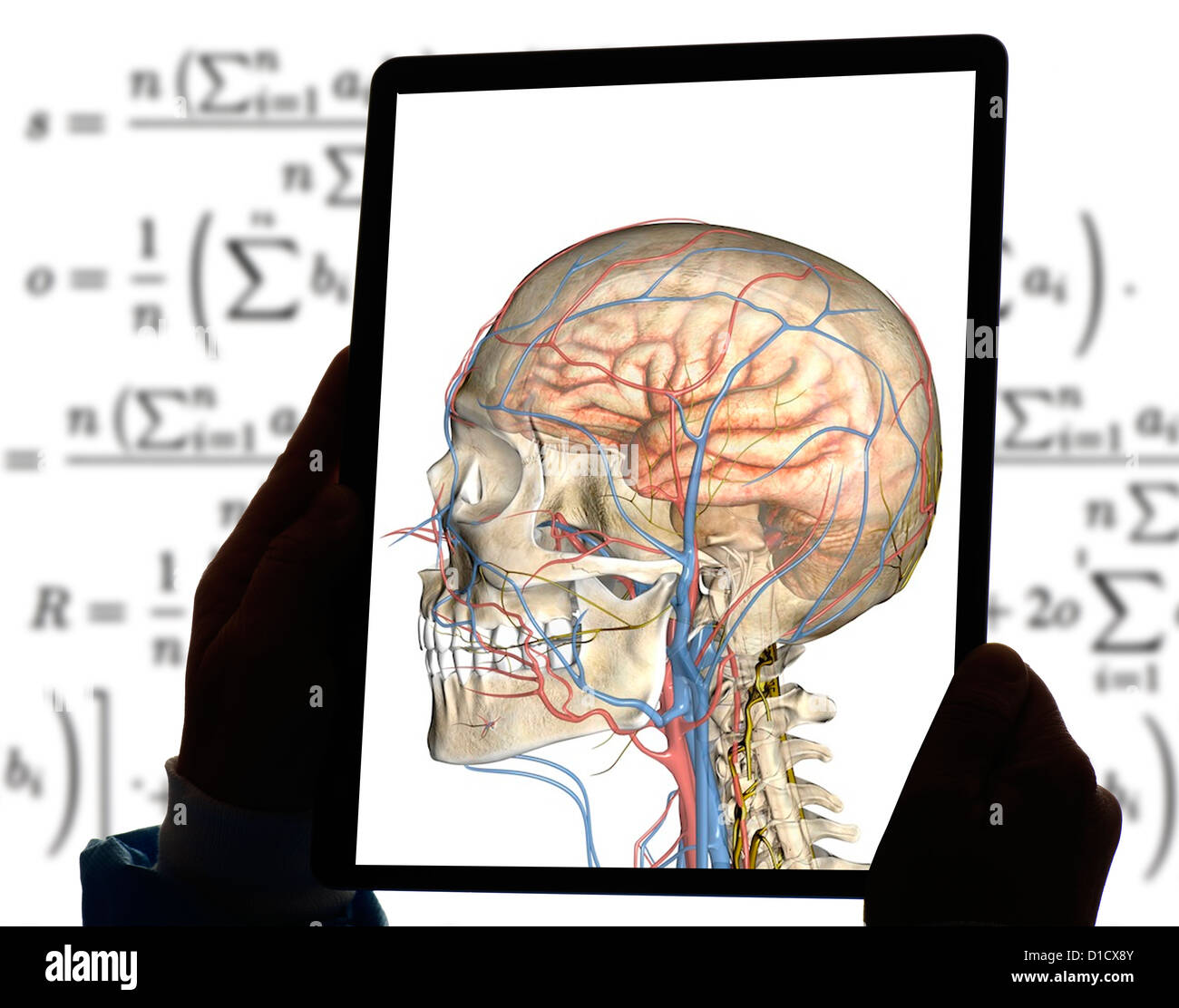 hands holding tablet showing medical image wallpaper symbols Stock Photo