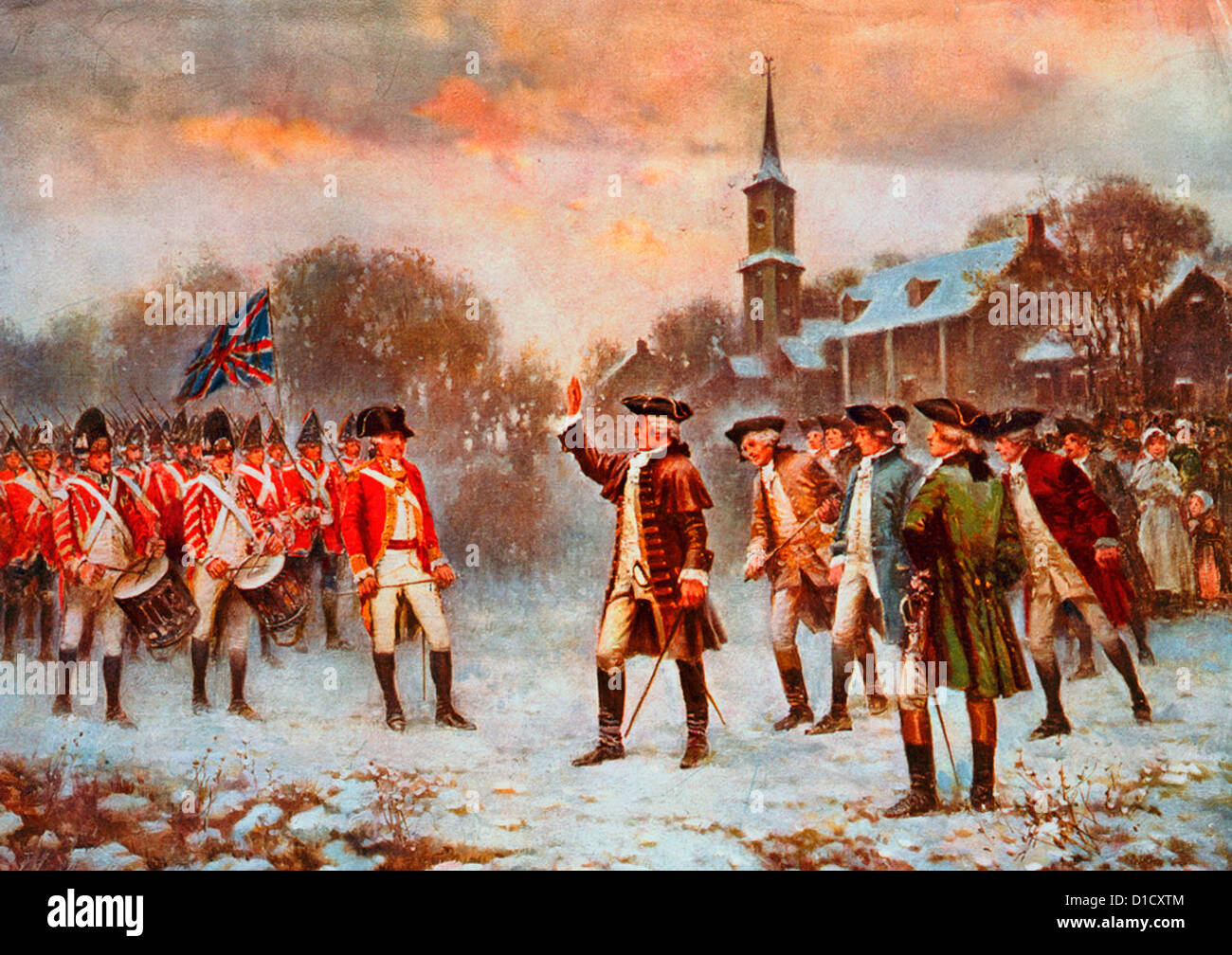 The first resistance - Colonists confronting British soldiers during USA Revolutionary War Stock Photo