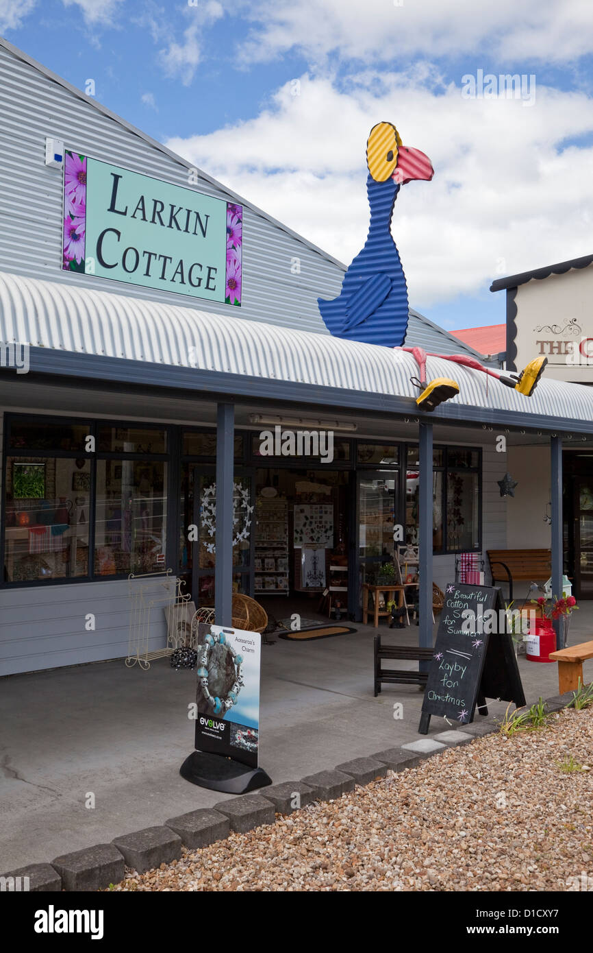 Corrugated Iron Bird Decoration on Shop in Tirau, north island, New Zealand. Stock Photo