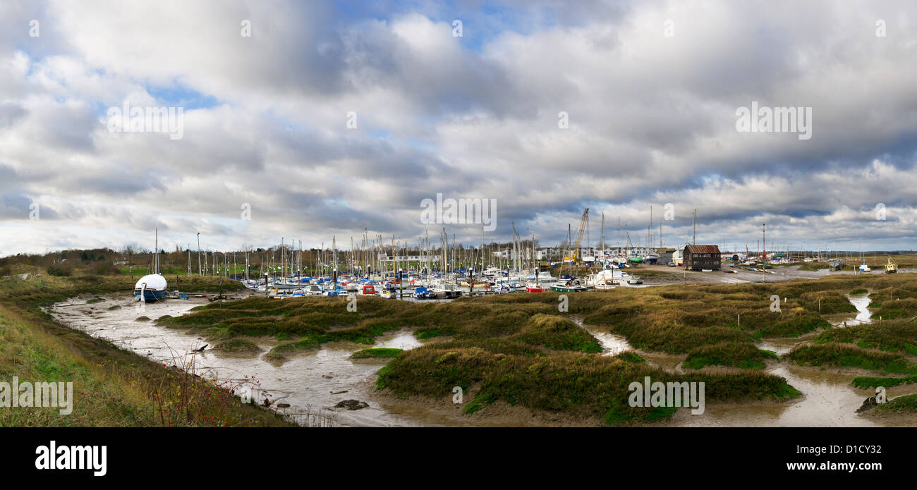 A panoramic image of the atmospheric Tollesbury Saltings and Marina in Essex. Stock Photo