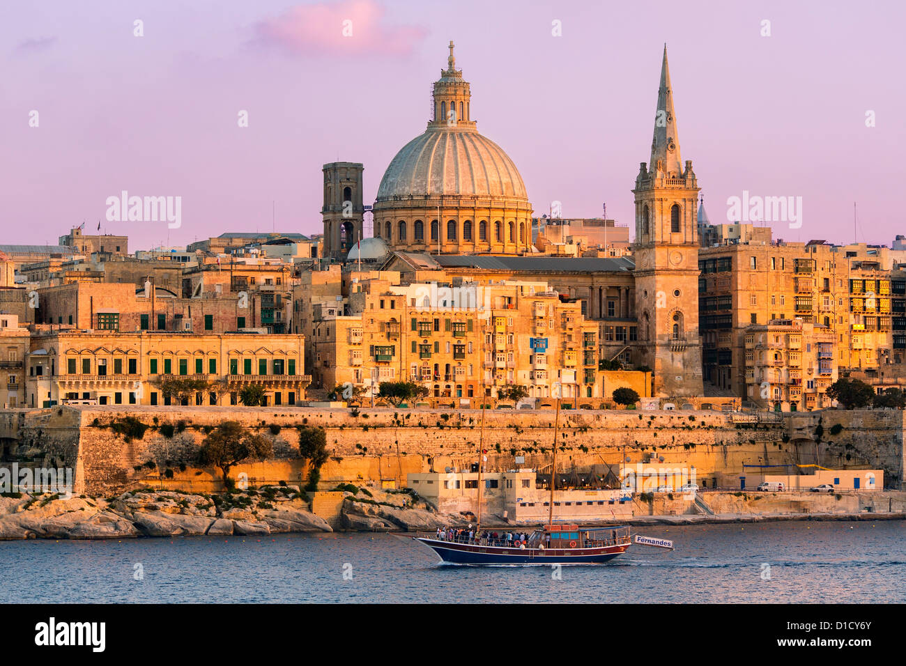 Malta, Valletta, skyline with St. Paul's Anglican Cathedral and Carmelite Church from Sliema, Stock Photo