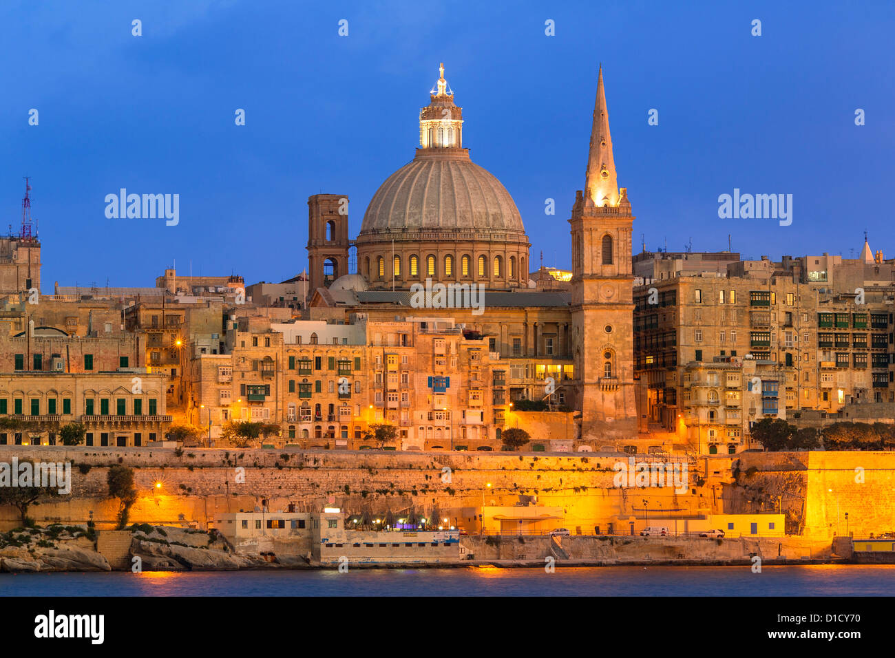 Malta, Valletta, skyline with St. Paul's Anglican Cathedral and Carmelite Church from Sliema. Stock Photo