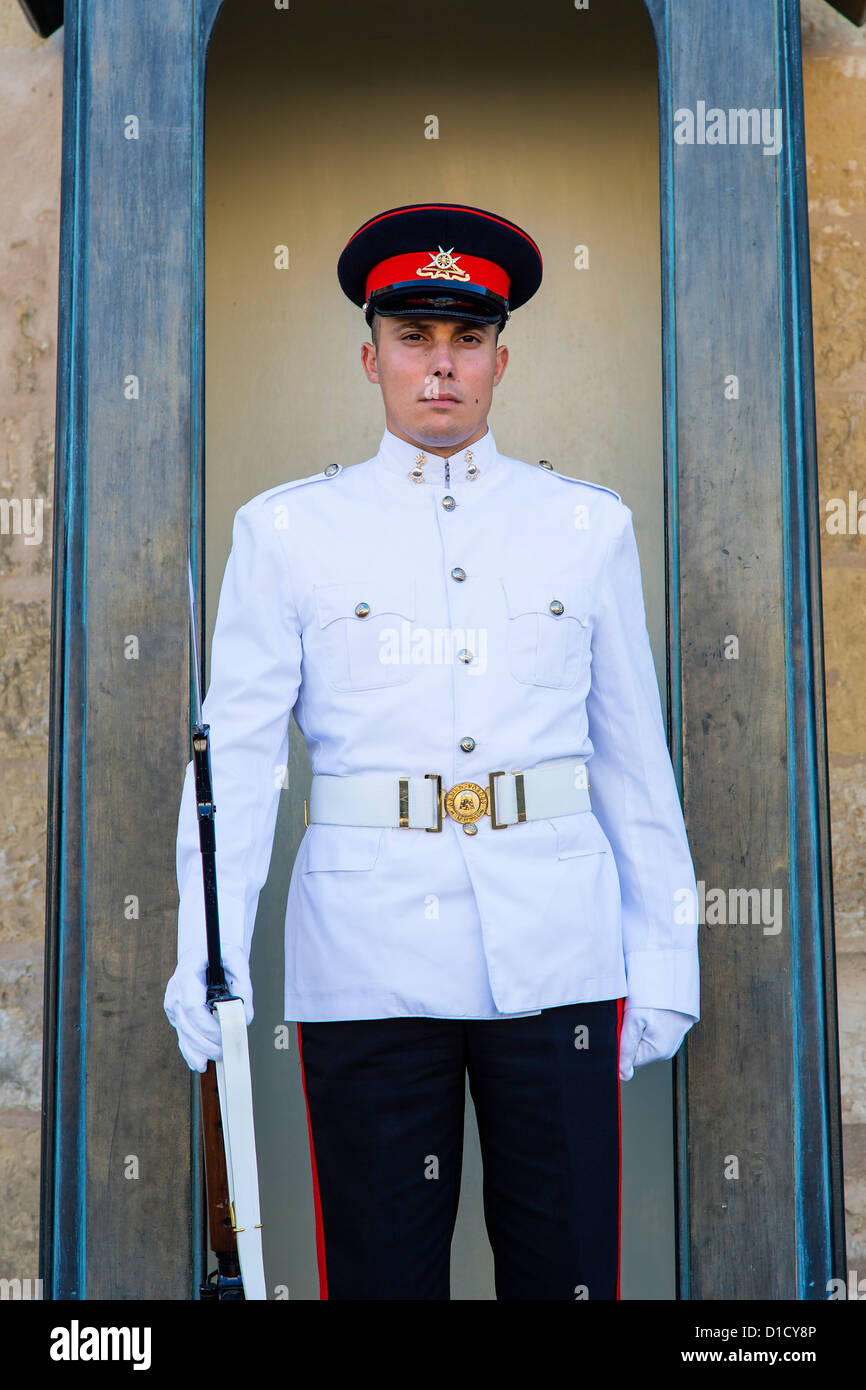Malta, Europe. A guard in Summer military uniform outside the