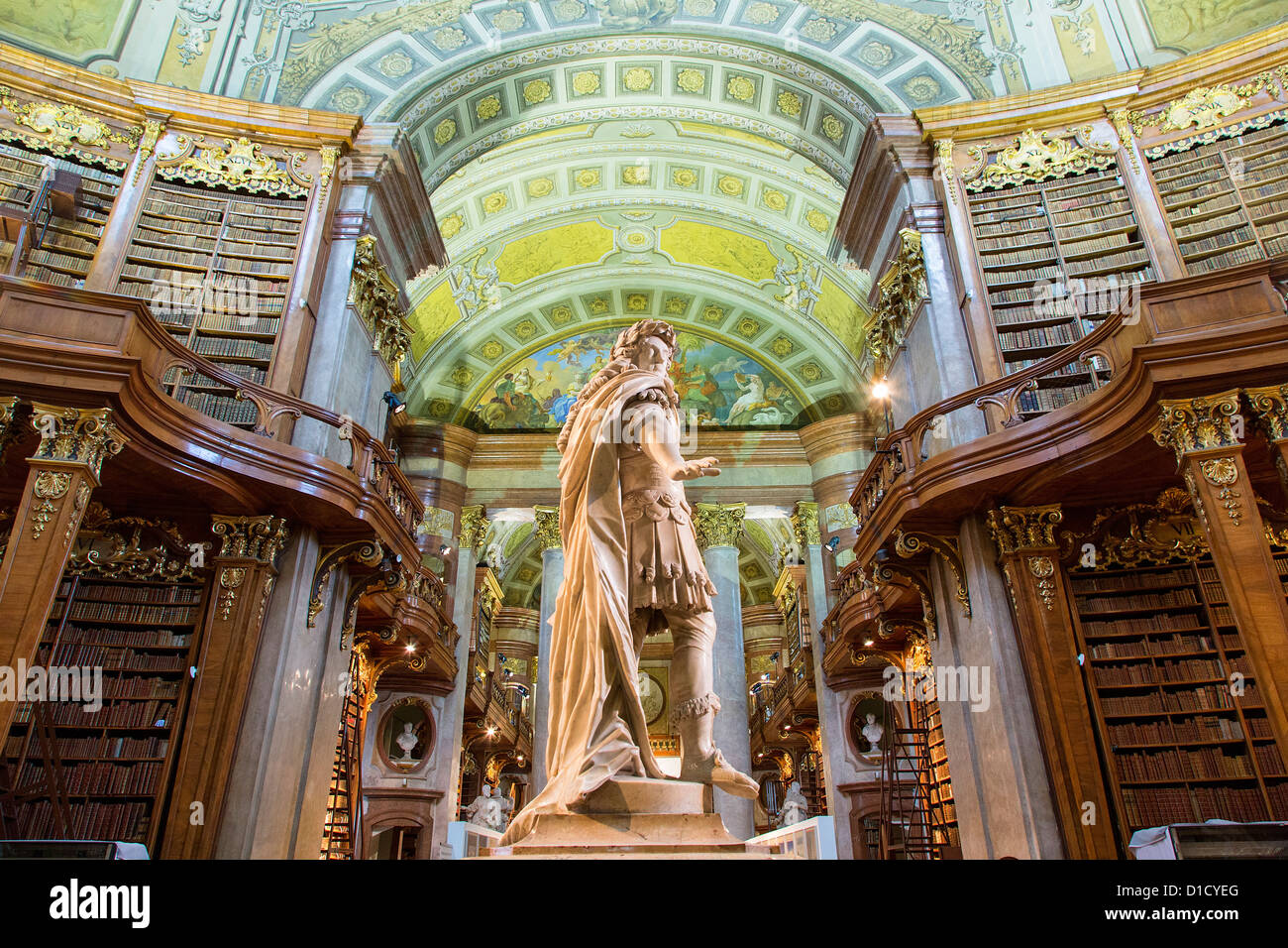 Ceremonial room with Karl VI. statue, National Library, Vienna, Austria Stock Photo
