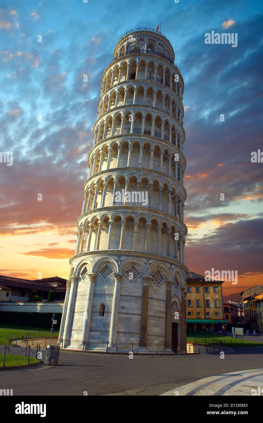 The Leaning Tower Of Pisa at sunset, Italy Stock Photo
