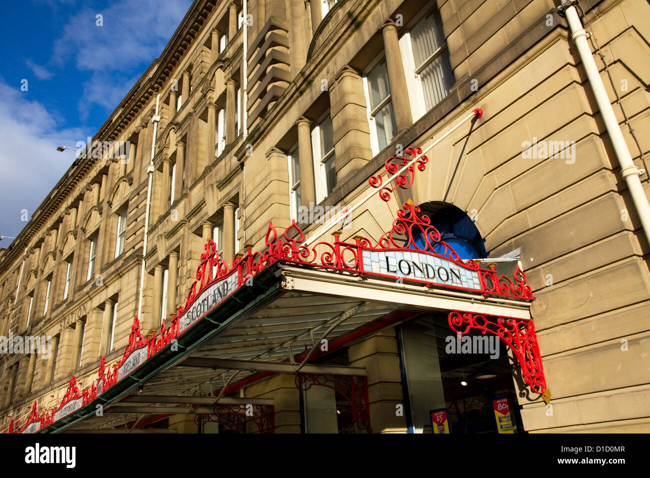 Victoria railway station, with ornate destination signs on canopy, city centre, Manchester, England, UK Stock Photo