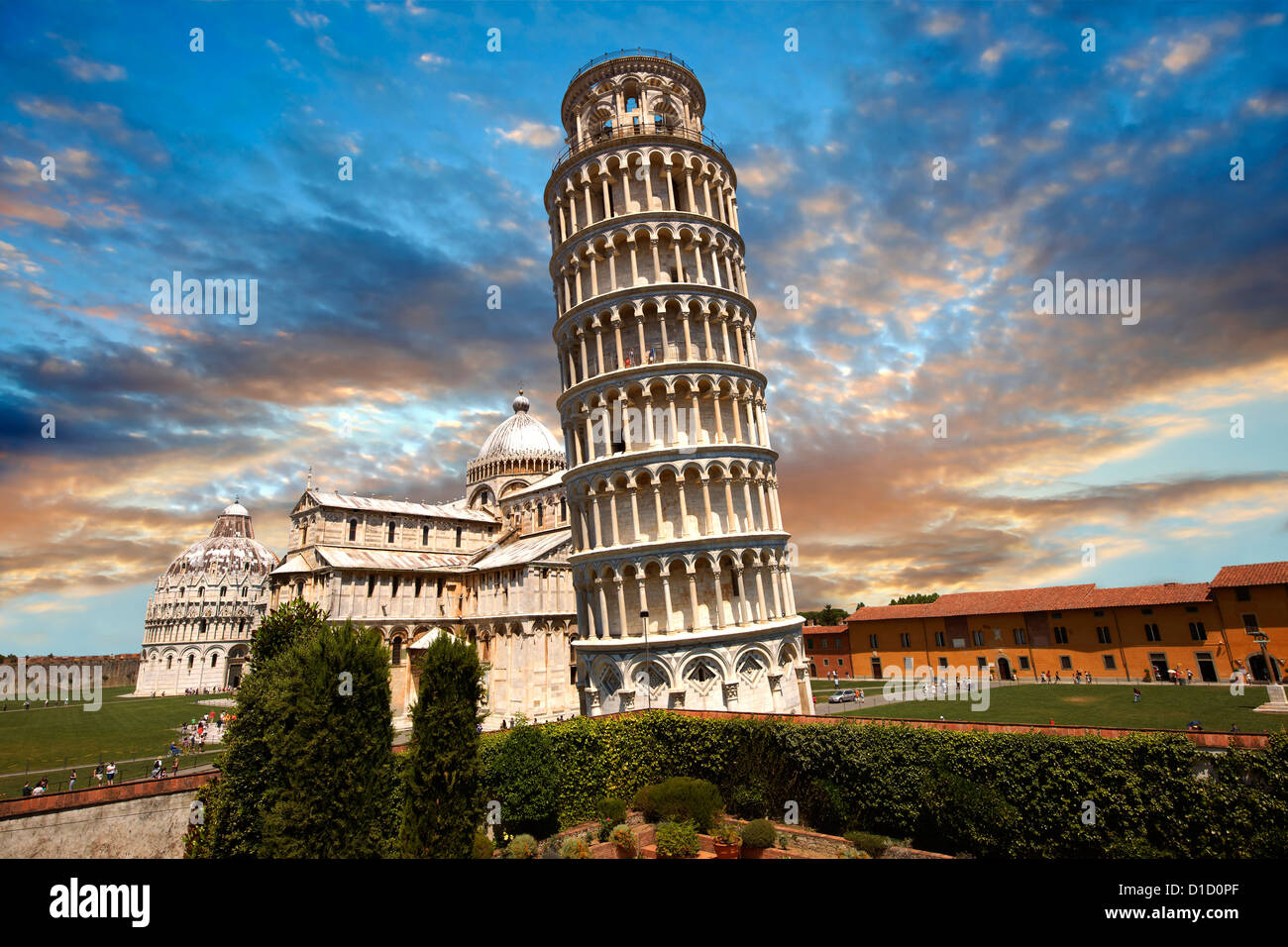 The Leaning Tower Of Pisa and the duomo at sunset, Italy Stock Photo