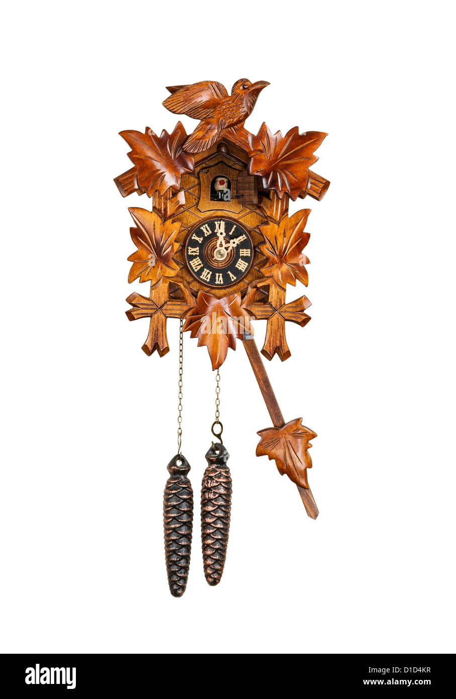 Crafted wooden made cuckoo clock with birdie out of house at 2 O'Clock position with arm in swing motion on white background Stock Photo