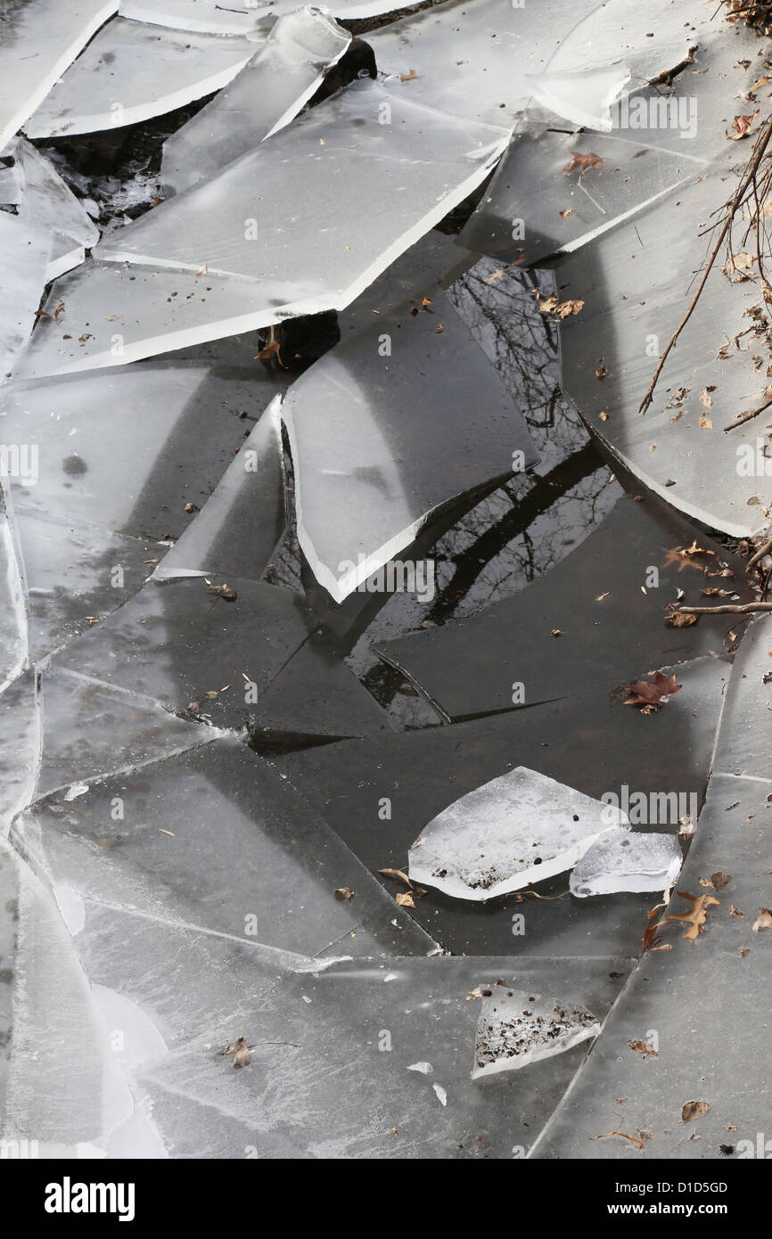 Cracked ice on Minnehaha Creek in Minneapolis. Stock Photo