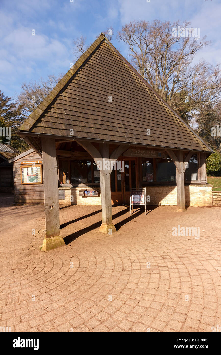 Oak post and beam entrance porch with shingle tiled roof , The Great Oak Hall, Westonbirt