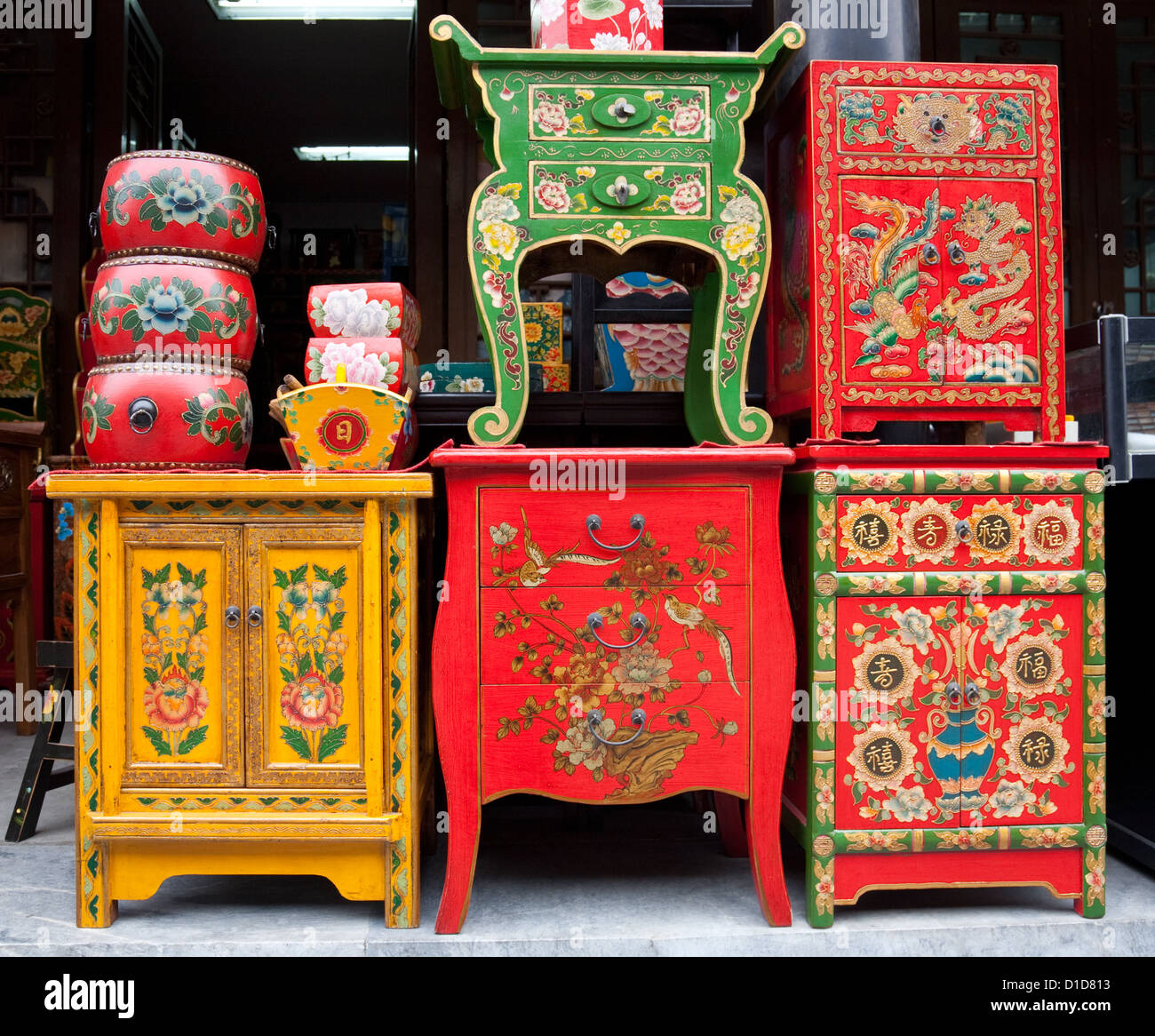 Chinese furniture shop. There ars some Chinese characters on the furnitures means happiness, long life and good luck. Stock Photo