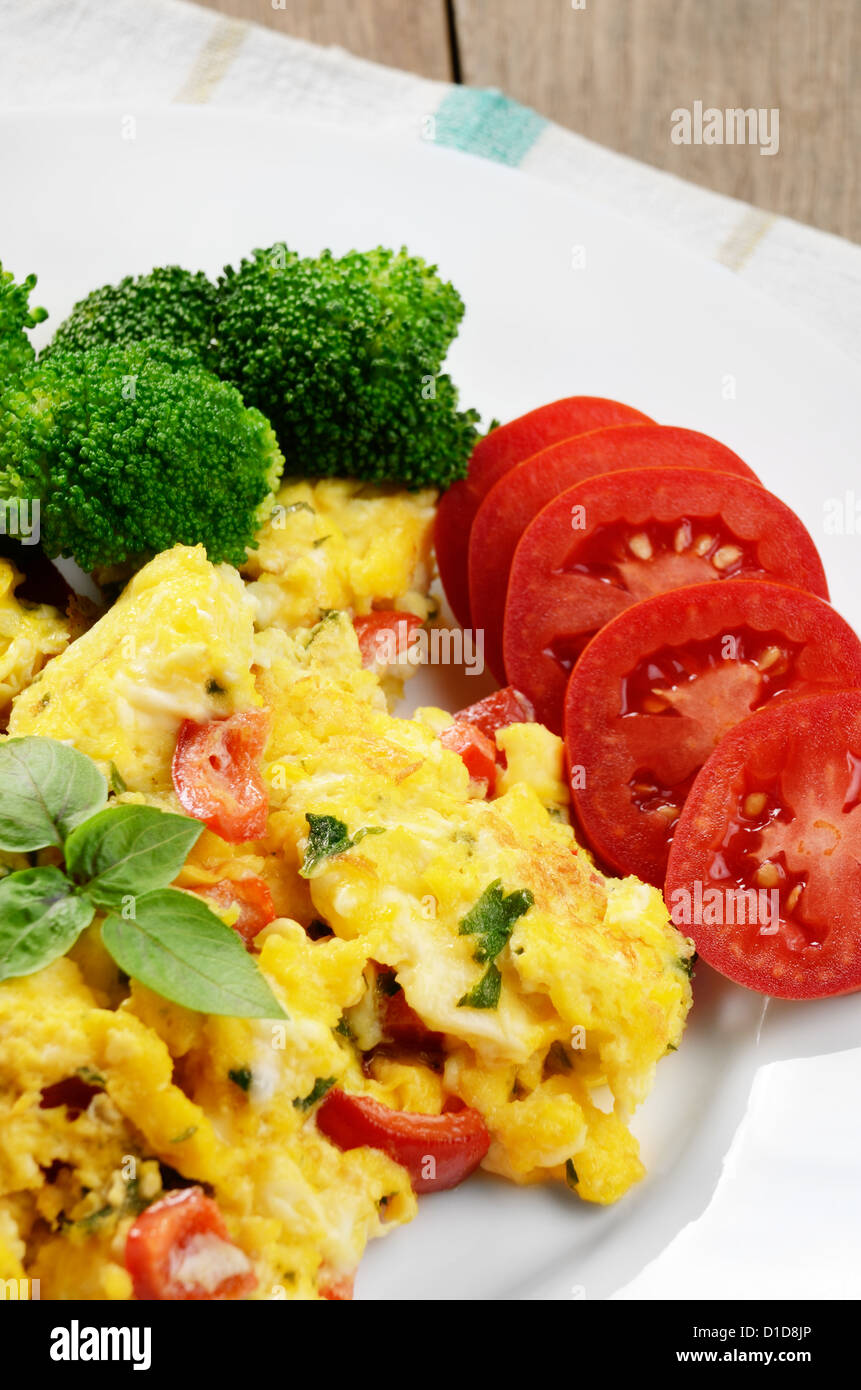 Scrambled eggs with fried bacon on the white plate Stock Photo - Alamy