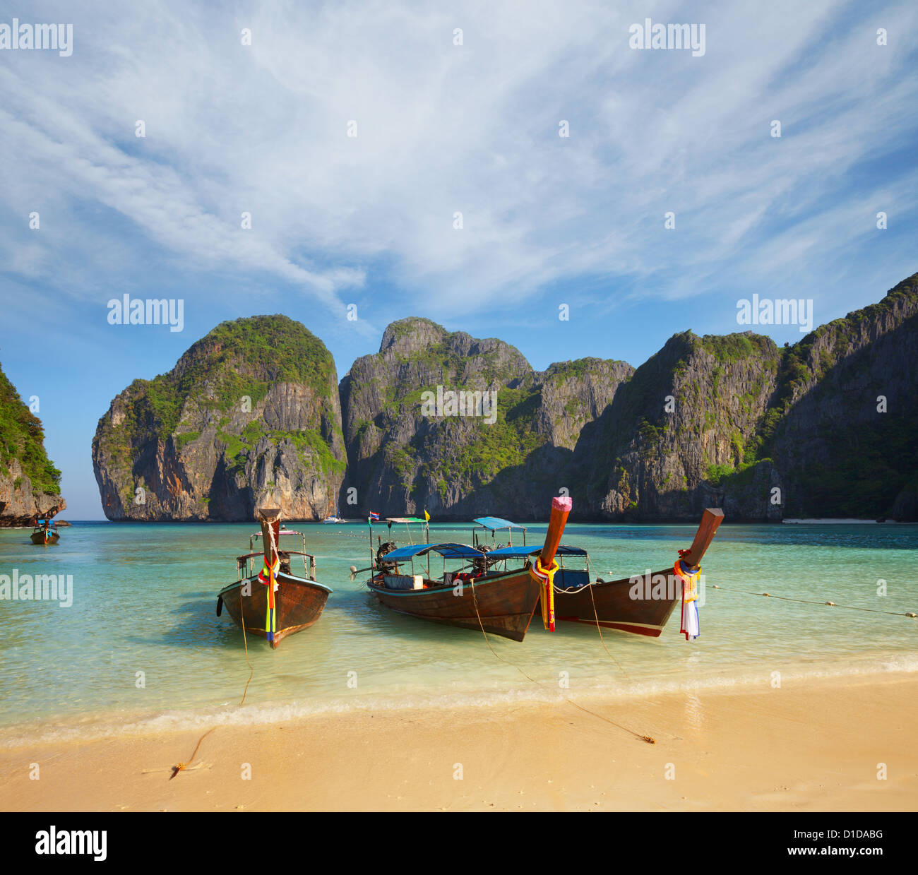Thai traditional boats in the bay. Thailand, Phi Phi Island Stock Photo