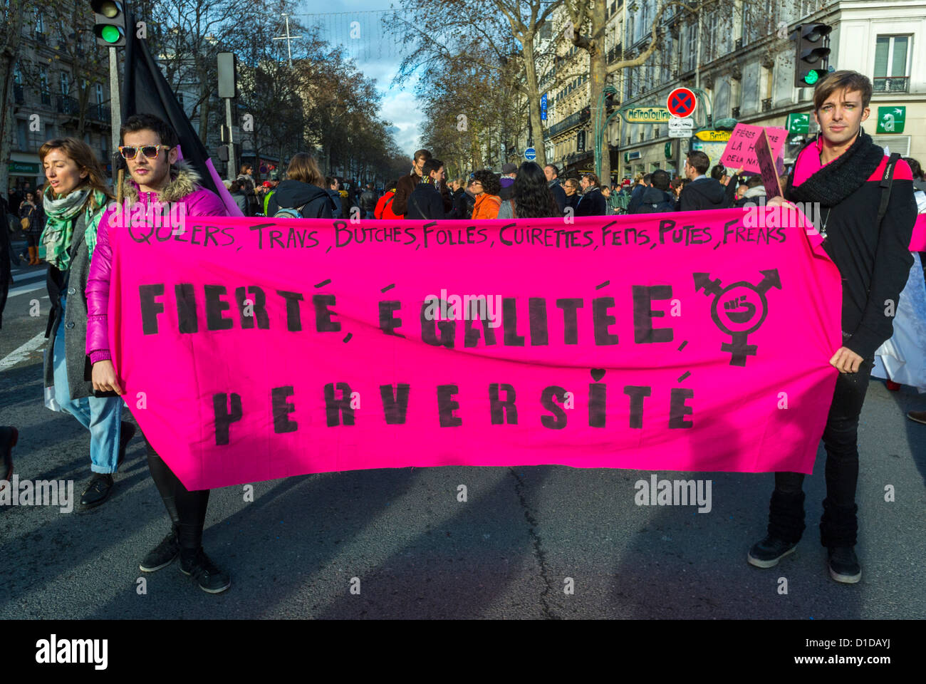 Paris, France, Young Men Holding Protest Banner in Gay Marriage Demonstration, LGBT Activism, 'Pink Block' Protests on Street, Civil Rights protest march Stock Photo