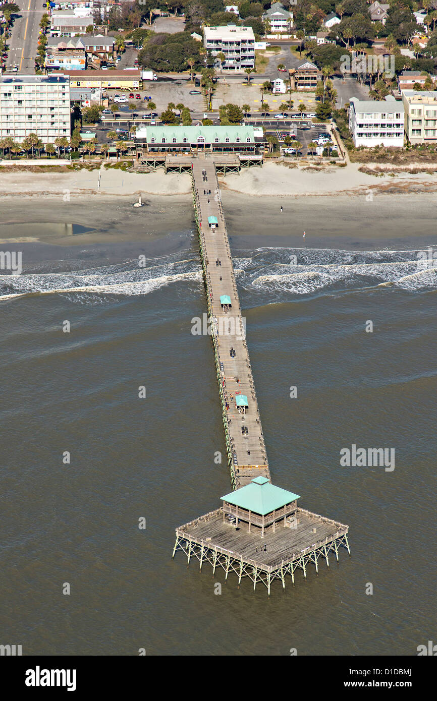 Aerial of the Folly Beach pier and on Folly Beach, South Carolina. Stock Photo