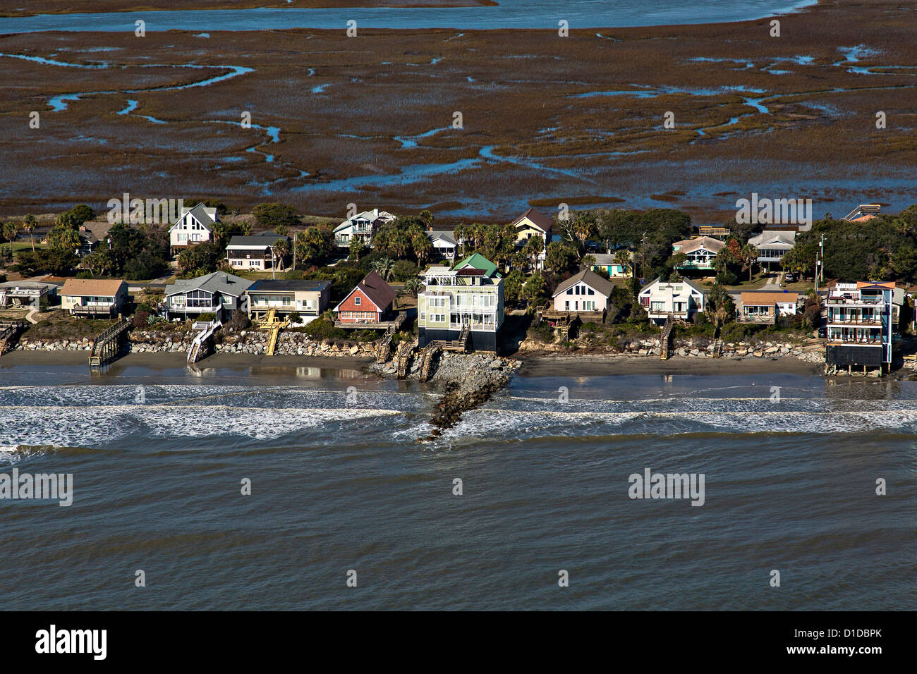 Aerial of waterfront homes on Folly Beach, South Carolina Stock Photo Alamy