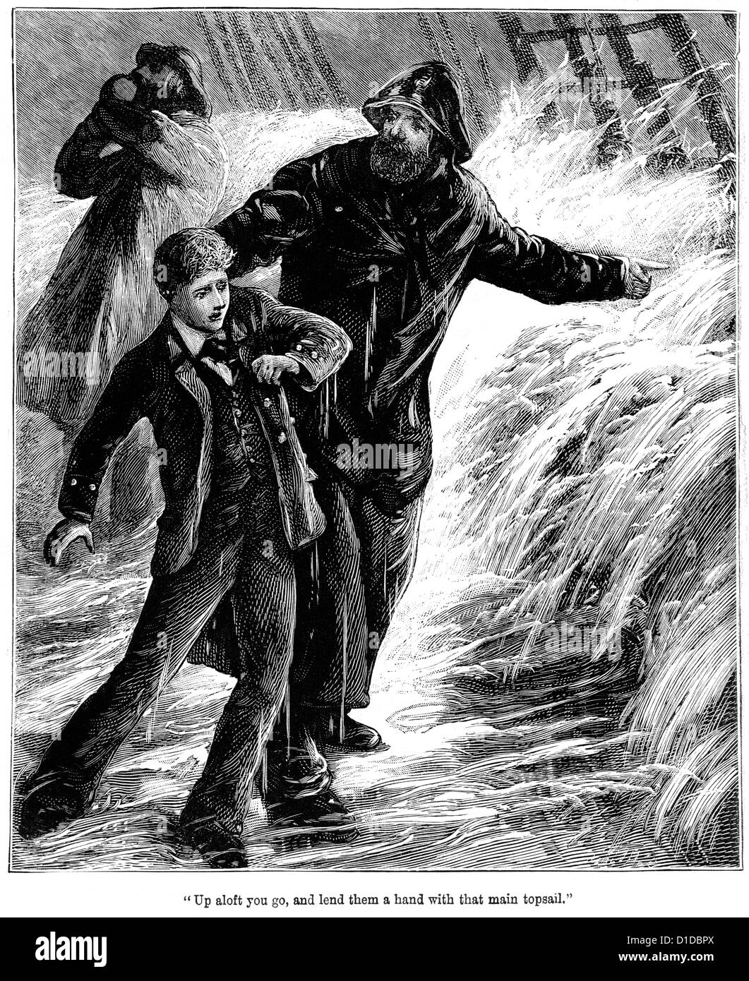 Victorian engraving of a ship in a storm , 1897 Stock Photo