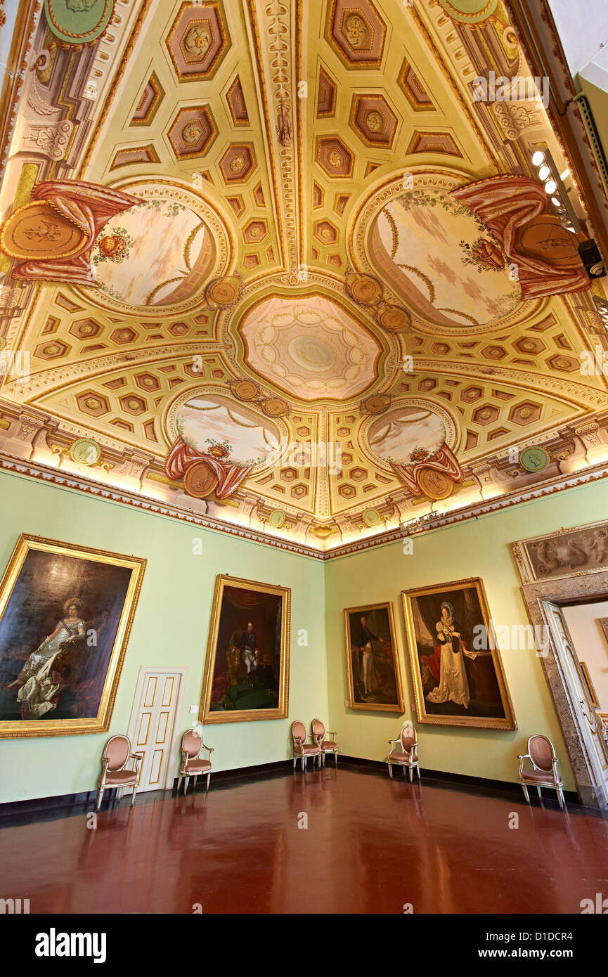 Room of The Bourbons of Naples, Spain and France. This room contains portraits of the Bourbon Dynasty.  Royal Palace of Caserta, Italy. Stock Photo